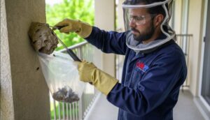 Professional wasp technician carefully removes a hornet nest from a residential or commercial balcony, using specialized tools while wearing full protective gear including gloves, goggles, and a net suit to ensure safe and precise nest removal.