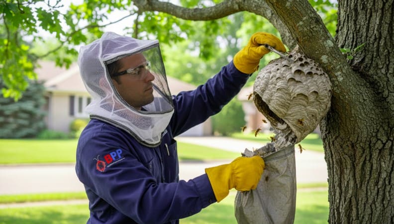 Professional wasp technician carefully removes a hornet nest from a tree using specialized tools, wearing full protective gear including gloves, goggles, and a net suit to ensure safe and precise outdoor nest removal.